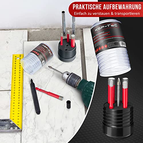 KSP-TEC® | Fliesenbohrer Set - 6,8,10,12mm | zum Bohren von Fliesen, Glas, Marmor, Granit uvm. - Keramikbohrer für harte | verpackt in einer praktischen Drehbox (Diamant Bohrer 5tlg.)