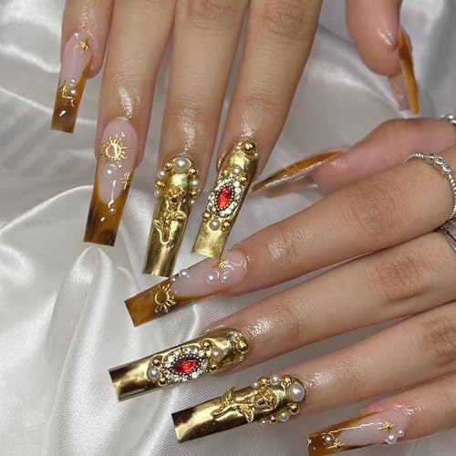 24Pcs Gold Press on Nails Long Square Fake Nails Metallic French Tip...