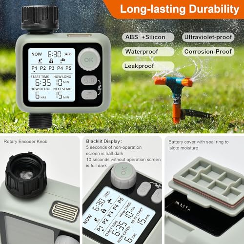 Image of Pinolex Water Sprinkler Timer for Self Watering Pots & Drip Irrigation Kit, Programmable Hose Timer with Backlight Display, 5 Watering Programs, Child Lock, Rain Sensing, Auto & Manual Modes
