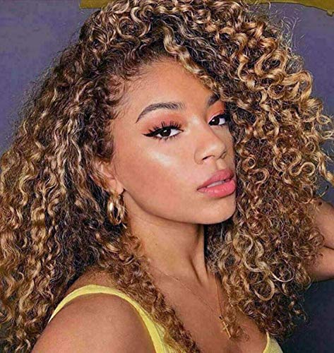Ombre Dark Blonde Curly Lace Front Synthetic Wig for Women, 18 inch Kinky Afro Curly Middle Part Wigs Half Hand Tied Hairline Natural Color (18 inch, Ombre Blonde)