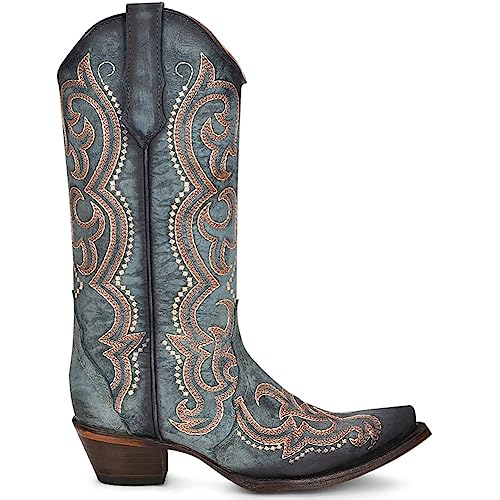 Image of Corral Boots Womens Blue Jean Embroidered Snip Toe Casual Boots Mid Calf Mid Heel 2-3 inch - Blue
