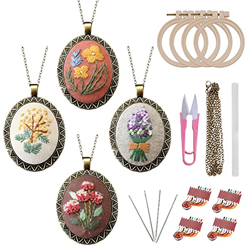 Image of ZOCONE 4 Packs Embroidery Necklace Kits, Embroidery Pendant Kit Mini Cross Stitch Kit with 4 Hoops, Necklace, Pendant, Stamped Pattern Cloth, Instructions, etc., Embroidery Kits for Adults