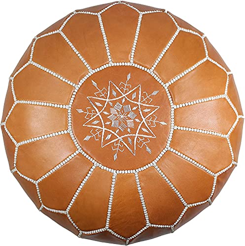 Moroccan Tan Brown Leather Pouf Ottoman Foot Rest â€“ Handmade Ottoman Leather Pouf â€“ Genuine Leather Boho Round Ottoman Pouf Crafted by Moroccan Artisans â€“ 21 x 13 inch (Tan Brown, Unstuffed)