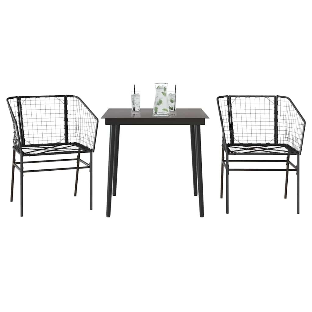 3-częściowy zestaw do jadalni, czarny, polirattan, szklany blat, na taras, balkon, do mebli outdoorowych, odporny na promieniowanie UV, łatwy w pielęgnacji
