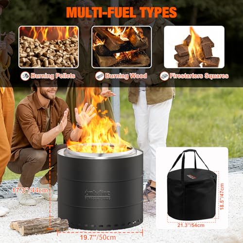 50cm Rauchfreie Feuerstelle, Feuerschale mit Abnehmbarer Aschekasten, wasserdichte Aufbewahrungstasche, Edelstahl, Outdoor Feuerstellen für Garten, Holzverbrennung und Pellets, Schwarz – Bild 3