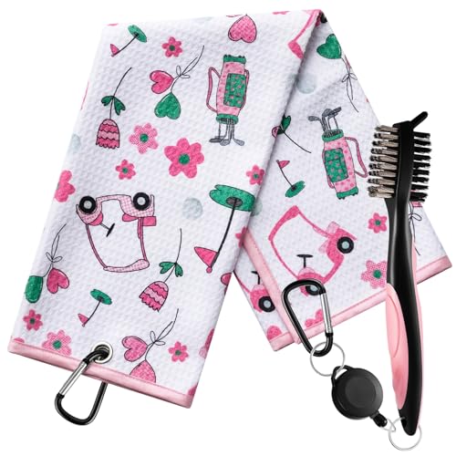 Liliful Woman Golf Accessories Kit Include 19.69 x 15.75 Inches Microfiber Waffle Golf Towel and Club Groove Cleaner Brush for Woman Gifts(Floral Pink)