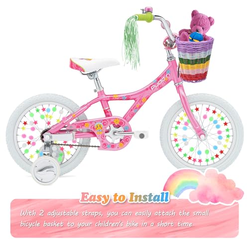 Spesh Kinder Fahrradkorb Vorne Geflochten Kinder Lenkerkorb mit 72 Stück Bunten Fahrradspeichen Dekorationen, Passend für 12-20 Zoll Kinderfahrräder(Regenbogen-A)