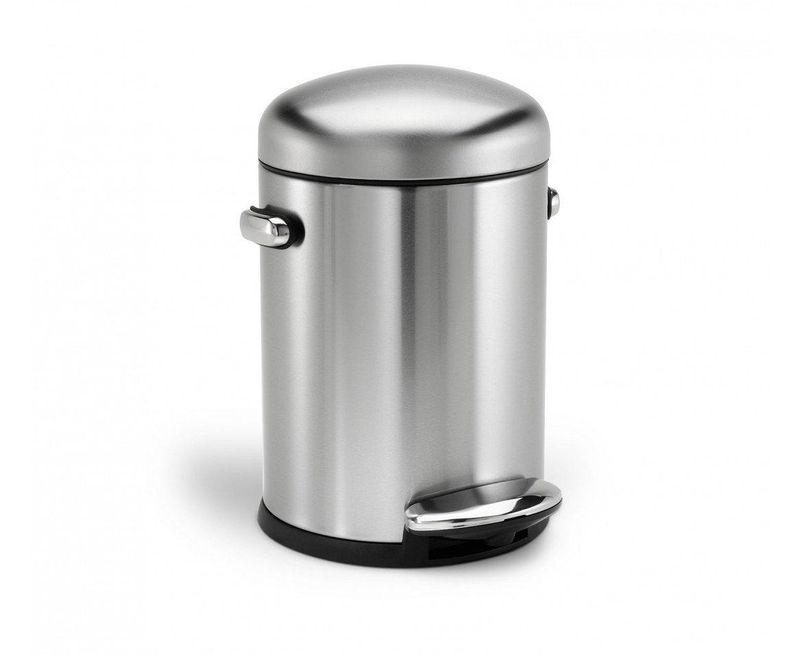 simplehuman CW1888CB 4.5L Round Retro Pedal Bin, Small Bin for Bathroom Bedroom Office, Strong Steel Pedal, Inner Bucket, Side Handles, Non-Skid Base, Fingerprint-Proof, Brushed Stainless Steel