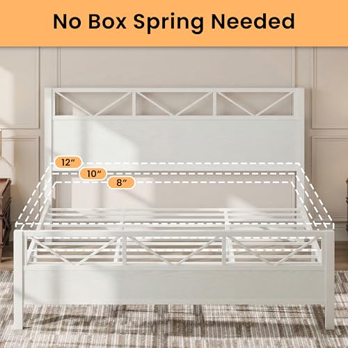 Image of LIKIMIO King Size Bed Frame, Tall Modern Headboard 51.2 inch, Platform Bed Frame with Strong Metal Support, Solid and Stable, Noise Free, No Box Spring Needed, Easy Assembly, White