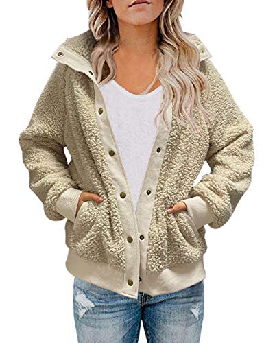 MEROKEETY Womens Winter Long Sleeve Button Sherpa Jacket Coat Pockets Warm Fleece Beige