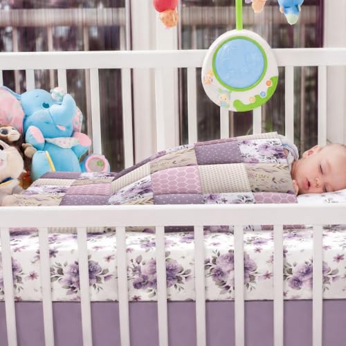 Image of Hahafelt 3 Pcs Purple Floral Patchwork Baby Crib Bedding Set for Baby Girl