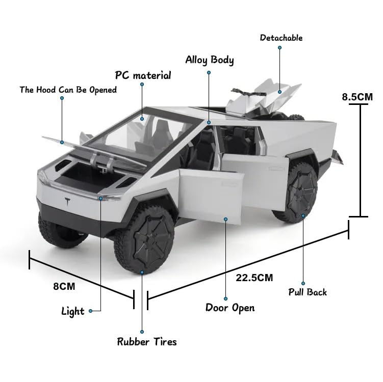 Image of 1:24 Scale Big Tesla CYBERTRUCK Model Diecast Metal Pullback Toy car with Openable Doors & Light, Music Boys car for Kids Best Toys Gifts Toys for Kids (Silver Color)