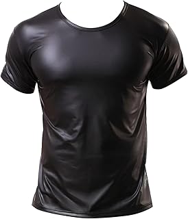 Beokeuioe Men's Patent Look Jacket Men's T-Shirt Wetlook Tops Undershirt Muscle Shirt Patent Leather Mesh with Stand-Up Collar Sexy Party Clubwear Patent Look Wetlook Blouse