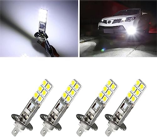 GKmow 4 PCS H1 Car LED Fog Lights, 12SMD 5050 chipsets LED Fog Lamp, 6000K Super White LED Headlight Bulb for Most Cars SUVs Trucks (White)
