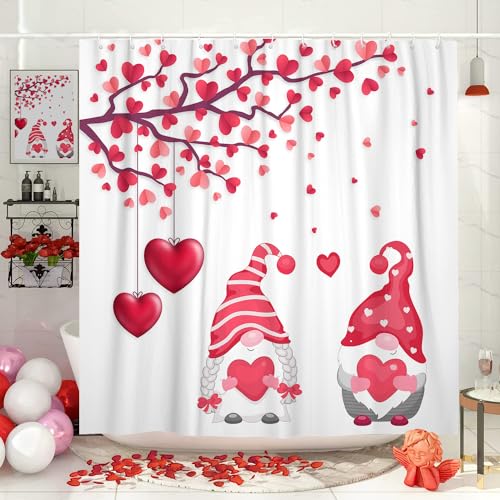 MERCHR Valentines Shower Curtain, Valentine's Red Pink Loving Hearts with Cute Gnome Shower Curtains for Bathroom Decor, Romantic Valentine Fabric Shower Curtain Sets with Hooks 72"X72"