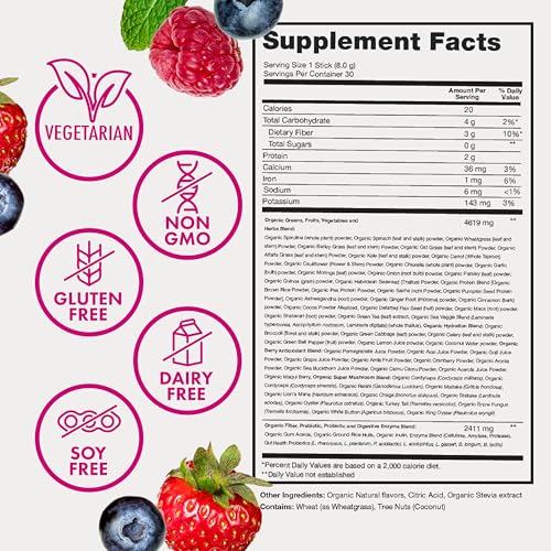 image for Zena Nutrition Organic Super Greens Powder, 70+ Superfoods, 0 Sugar, 3