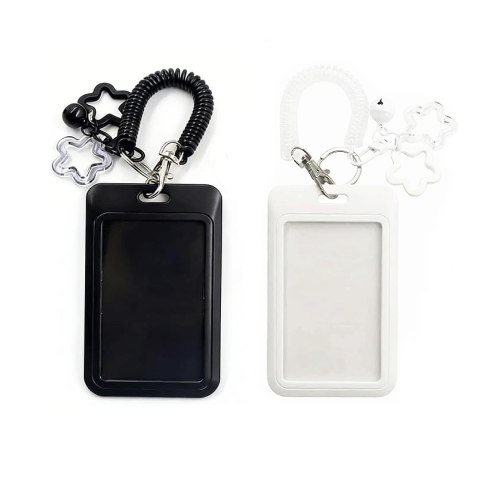2Pcs Spring Badge Reel Photocard Holder Keychain, Clear ID Card Holder with Clasp, Waterproof Transparent Bus Pass Holder for Student ID, Travel Card, Kpop Photo Protector - Black + White