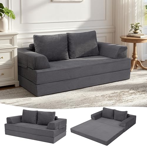 MeMoreCool Boneless Sofa Bett aus Cord – Boden Schlafsofa Convertible Futon mit Kissen, Bequeme Schaumstoff-Matratze, Vielseitige Lounge Cloud Couch für Wohnzimmer & Schlafzimmer, Dunkelgrau