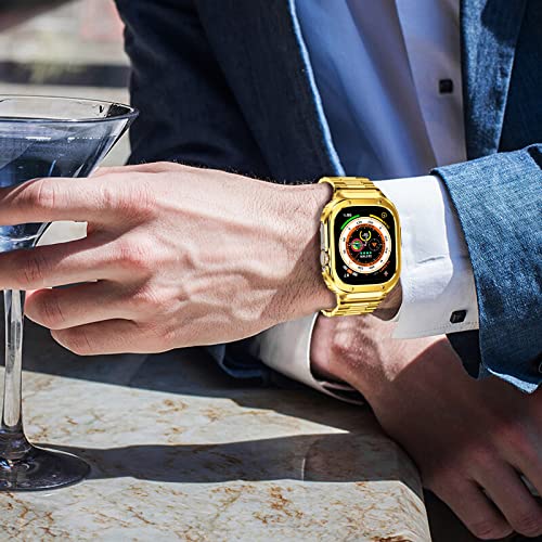 Image of Stainless Steel Band and Case Compatible with Apple Watch Band 49mm | Men Metal Protective Bumper Cover with Straps for iWatch 49mm Series Ultra 3, Ultra 2, Ultra, Gold