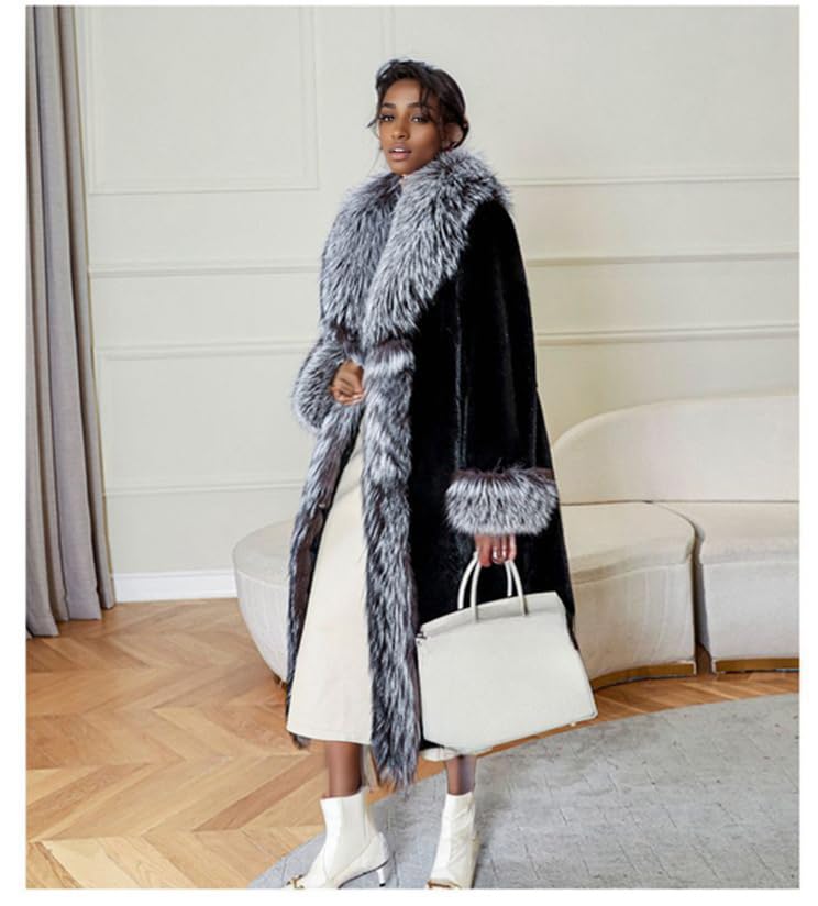 Shaggy Faux Fur Long Sleeve Long Length Black Coat Fluffy Grey Collar Women's Fashion Outwear2