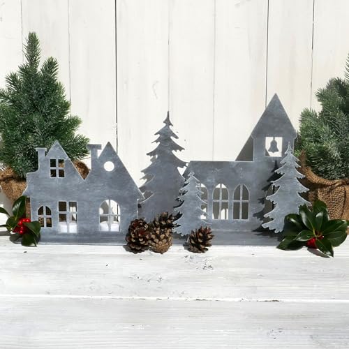 Storm's Gartenzaubereien Weihnachtsdorf- Häuserlandschaft mit Kirche aus Metall in grau 49cm Fensterdeko - Tischdeko zu Weihnachten