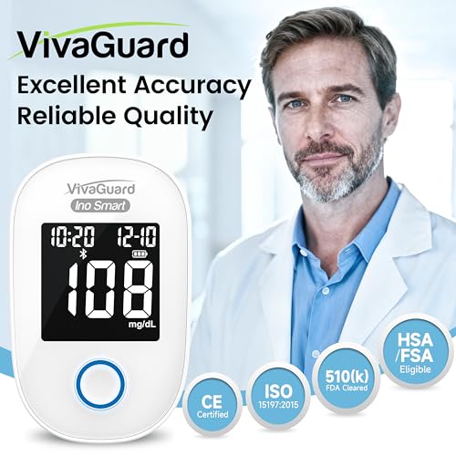 Image of VivaGuard VGM04 Bluetooth Glucose Monitor Kit, 100 Strips & 100 Lancets | Free App, Rechargeable Battery, Backlit Display for Senior, No Coding, Portable, Carrying Case, FDA-Cleared FSA&HSA Eligible