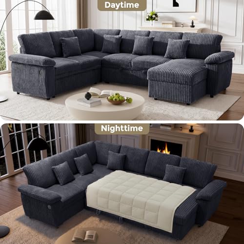 Image of Sectional Sleeper Sofa, Fluffy Soft Corduroy Couch with Pull Out Bed and Storage Chaise, Modern Comfy U Shaped Couch with USB Charger for Living Room Apartment Small Spaces, Dark Grey
