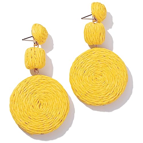 Statement Raffia Earrings Boho Round Dangle Ball Earrings Cute Handmade Summer Earring Bohemian Dangling Jewelry for Women(Yellow)