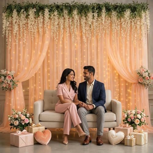 Image of Party Propz Peach Net Curtain for Decoration Backdrop with Artificial Ivory Wisteria Flower and Light - 9 Pcs Backdrop Decoration for Wedding, Birthday Backdrops, Background Decorations Items