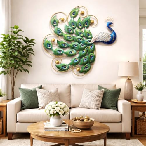 Image of Framing Hub Metal Big Hand Painted Peacock Iron Wall Art Decor | Handcrafted Decorative Wall Sculpture for Living Room Bedroom Drawing Room Office (Size 30x30 Inch)