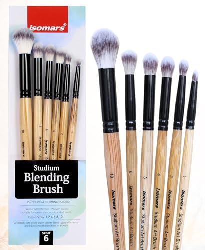Image of Isomars Studium Blending Brush - Set of 6 - Professional Artist Brushes for Soft Blending & Shading Ideal for Watercolor, Acrylic, Oil Painting and Ink Transitions - Sizes - 1,2,4,6,8,10