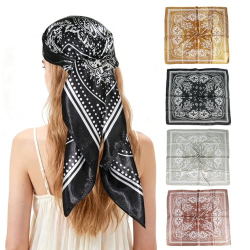 Ciormis Silk Hair Scarf for Sleeping 4 Pcs 35 Paisley Bandana Western Head Scarves for Women Men Cowboy Cowgirl Wild Rags Waist Belt Scarfs Fashion(Red/Black/Gold/Dark Green)