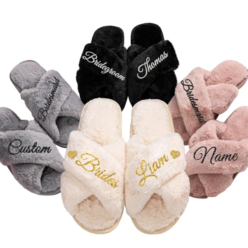 Personalized Bride Slippers for Wedding Day, Custom Bridesmaid Slippers with Name, White Fuzzy Slipper for Bridal Showers Bachelorette Parties, Personalized Bridesmaids Gifts for Wedding Day