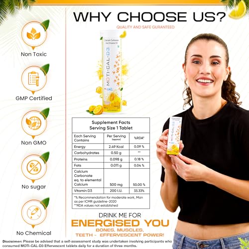 Image of Calcium and Vitamin D3 Tablets - Pack of 2, 30 Sugar-Free Effervescent Calcium Tablets for Women & Men, Maximum Bone Density & Joint Health Support, Fast Absorbing Formula