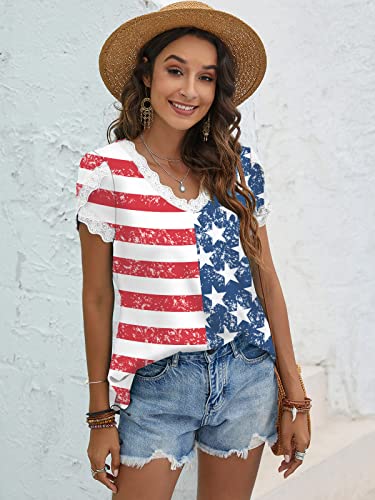 Senfure Women American Flag Print Summer Lace Crochet Usa Patriotic Top Tee T-Shirt For 4Th Of July, Flag A, Medium #TOP4