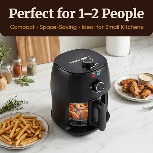Image of Elite Gourmet Glass Air Fryer, PFAS-Free Basket, 1150W, Black, 2.4 Quart (Pack of 2)