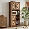 76 Inch Tall Buffet Sideboard Cabinet with Microwave Shelves Faux Rattan Liquor Cabinet for Dining Room Entryway Farmhouse Barn Door Rustic Wood Storage Cabinet with Wine Rack for Kitchen Oak