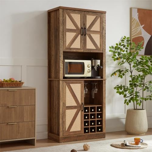 76-Inch-Tall-Buffet-Sideboard-Cabinet-with-Microwave-Shelves-Faux-Rattan-Liquor-Cabinet-for-Dining-Room-Entryway-Farmhouse-Barn-Door-Rustic-Wood-Storage-Cabinet-with-Wine-Rack-for-Kitchen-Oak 76 Inch Tall Buffet Sideboard Cabinet with Microwave Shelves Faux Rattan Liquor Cabinet for Dining Room Entryway Farmhouse Barn Door Rustic Wood Storage Cabinet with Wine Rack for Kitchen Oak