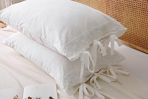 Meaning4 2-Pack Ivory White Lace Bed Pillow Shams Crochet Pillowcase 100% Cotton 30 Inchx20 Inch Queen Size (Off White) Tie Closure thumb #1