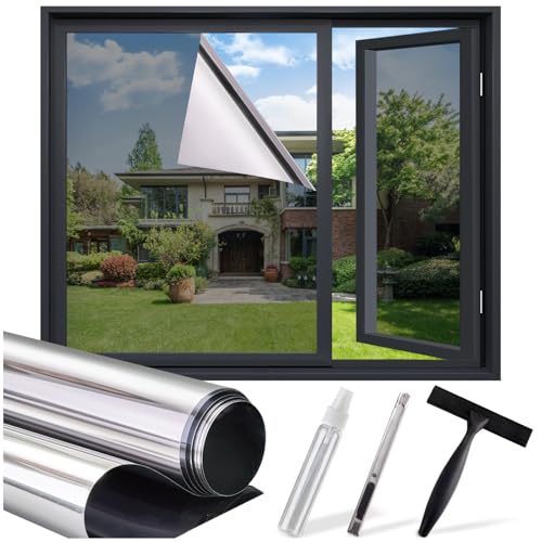 Image of SUNBABY One Way Privacy Film Heat & UV Blocking, Static Cling No Glue Renter Friendly Cover for Home Bedroom, Office & Sliding Glass Door, 35.4 x 157.5 Inch with 3 Tools, Silver