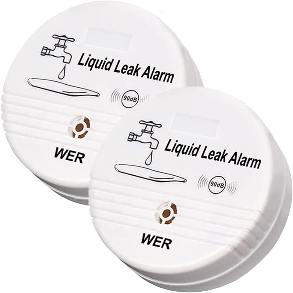 WER Water Leak Alarm Sensor, Battery Operated Leak Alert, 90dB Water Detector for Basements, Bathrooms, Laundry Rooms, Kitchens, Garages and All Office Areas (Shipped Without Battery, 2 Pack)