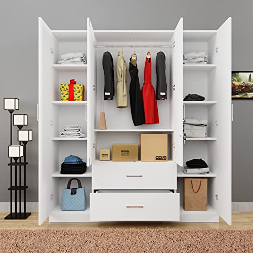 Image of VIKI Wardrobe | Wooden Almirah for Clothes,Door for Bedroom, 4 Door Wardrobe with Drawer, Mirror & Hanging Space (Frosty White - 40D x 160W x 180H) | 1 Year Warranty | Free Assembly