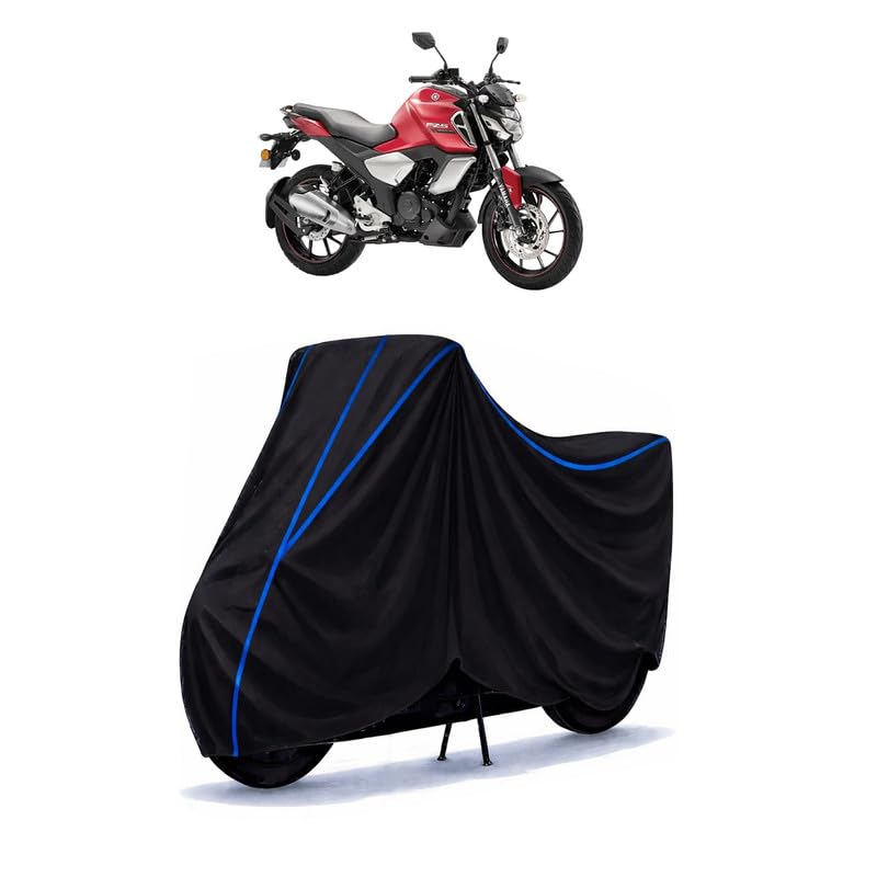 Image of FZ S FI Deluxe Bike Cover Water Resistant Universal Motorcycle Rain | Heavy Duty UV Protection, Dust, Scratch Indoor Outdoor All Weather with Black Blue Piping Elastic
