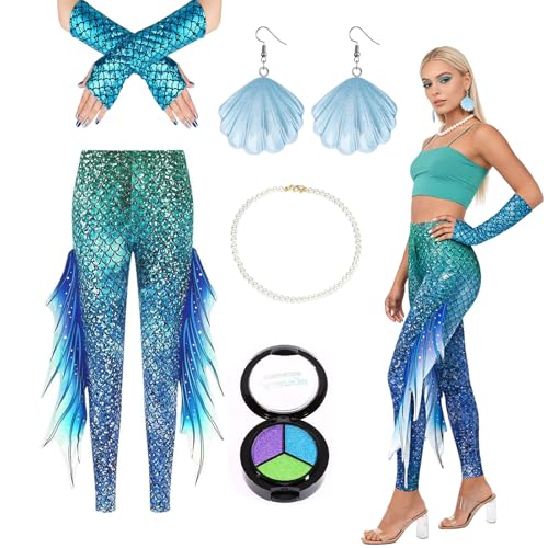Meerjungfrau Leggings Damen mit Fischschuppen Handschuhe Muschel Ohrringe Perlenkette und 3-in-1 Lidschatten Meerjungfrau Kostüm Accessoires für Damen Karneval Faschings Mottoparty (3D Flosse)