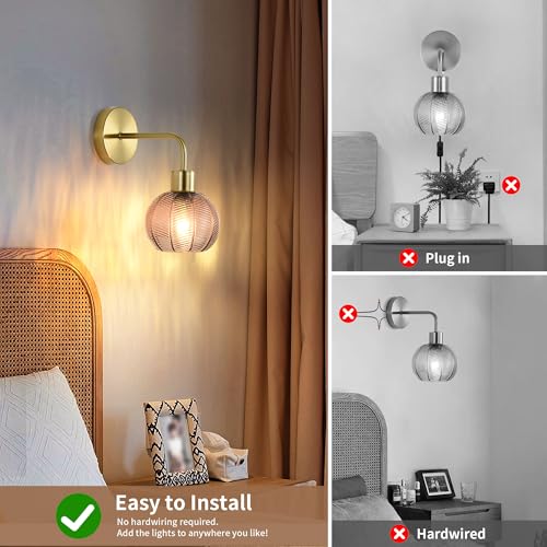 Image of Vintage Battery Operated Wall Sconces Set of Two 2,Wireless Rechargeable Wall Sconce with Remote,Gold Wall Lamp with Glass Lampshade,Dimmable Wall Light Fixtures For Bedroom Bedside Living Room Decor