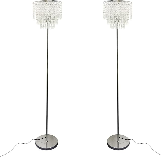 firstchoicelighting Set of 2 Jewelled Floor Lamps Standard Lights Polished Chrome with Acrylic Crystal Shade Glam Floor Light 153cm