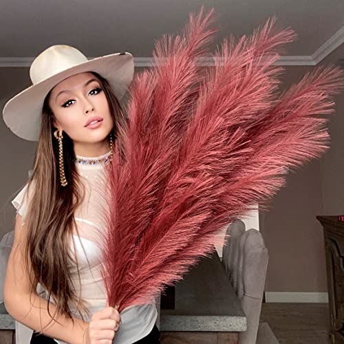 VOULUX Extra Large Tall Burgundy Fake Faux Artificial Pampas Grass Large Fluffy x3 115cm Stems x18 Decorative Artificial Flora Feathers For Floor Vases Tall Plant Flowers Long Pampas Grass