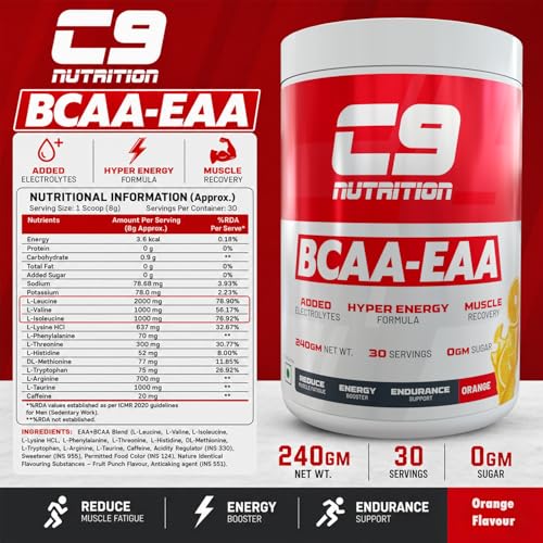 Image of C9 NUTRITION BCAA + EAA Powder- Sugar Free Workout Muscle Recovery & Endurance Drink with 5000mg BCAA, 9000mg EAA, 500 mg L-Arginine | Amino Acid Supplements (30 Servings, Orange Flavour)