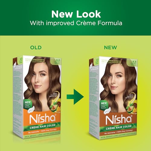 Image of Nisha Creme Hair Color, Permanent Hair Colour Golden Brown, Silky & Shiny 100% Grey Coverage & Ammonia Free Color With Natural Henna Extract, 60G+60Ml