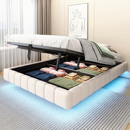 Dolamaní Doppelbett Polsterbett 140x200 cm mit Bettkasten ohne Kopfteil, Bett Schwebebettrahmen mit Stauraum, Tragfähigkeit 250 kg (Beige)